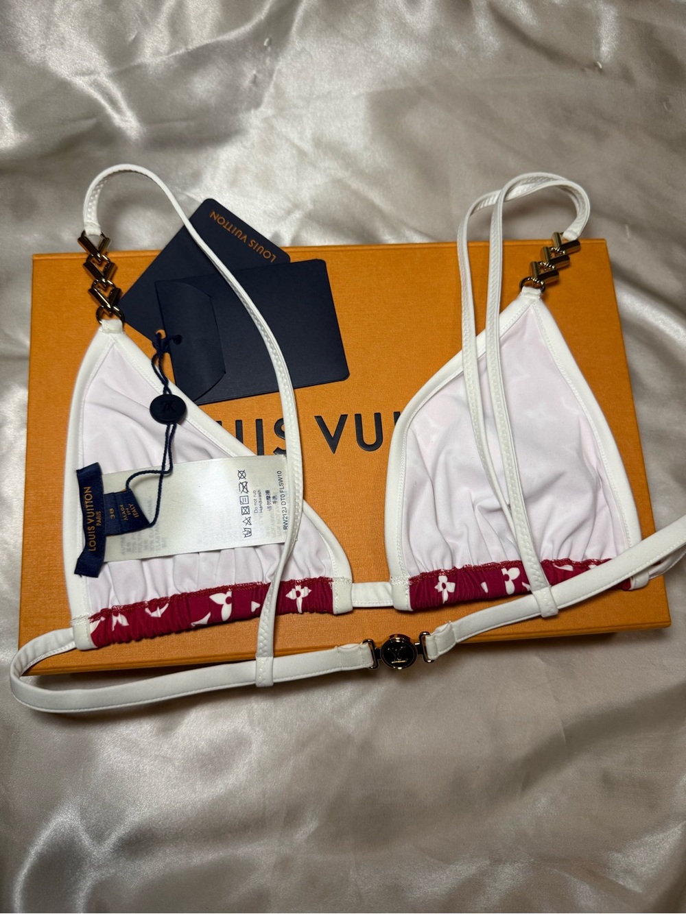 Louis Vuitton Red and White Monogram Triangle Bikini Top with Gold Accent - Picture 5 of 7